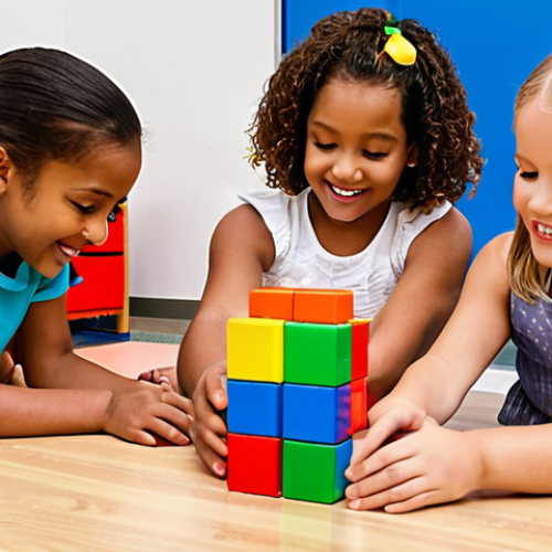Home 15 ** A diverse group of preschool children happily engaged in a collaborative building activity with colorful blocks, showcasing teamwork and problem-solving. The setting is a bright and inviting kindergarten classroom with a teacher supervising nearby.
**