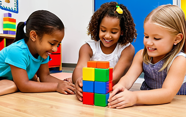 ** A diverse group of preschool children happily engaged in a collaborative building activity with colorful blocks, showcasing teamwork and problem-solving. The setting is a bright and inviting kindergarten classroom with a teacher supervising nearby.
**